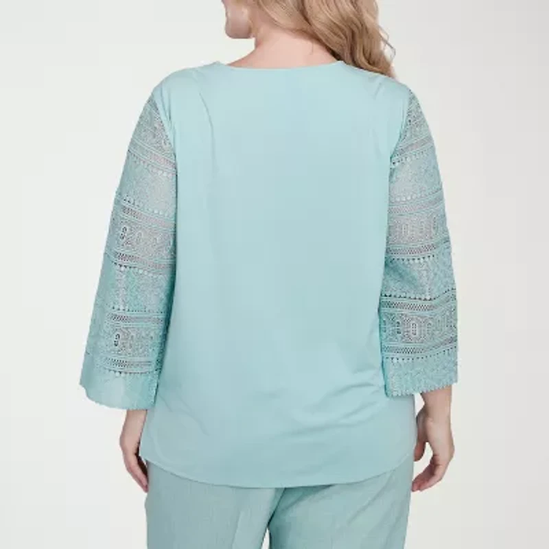 Alfred Dunner Kensington Garden Womens Crew Neck 3/4 Sleeve Plus T-Shirt