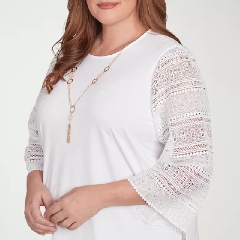 Alfred Dunner Kensington Garden Womens Crew Neck 3/4 Sleeve Plus T-Shirt