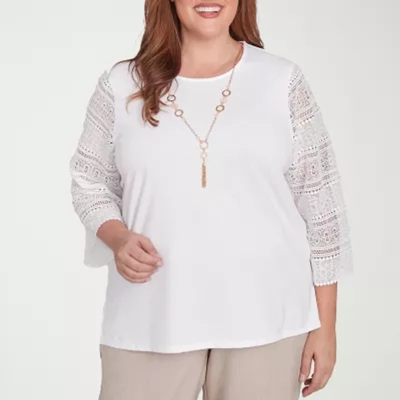 Alfred Dunner Kensington Garden Womens Crew Neck 3/4 Sleeve Plus T-Shirt