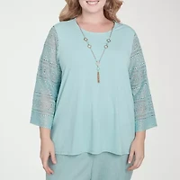 Alfred Dunner Kensington Garden Womens Crew Neck 3/4 Sleeve Plus T-Shirt