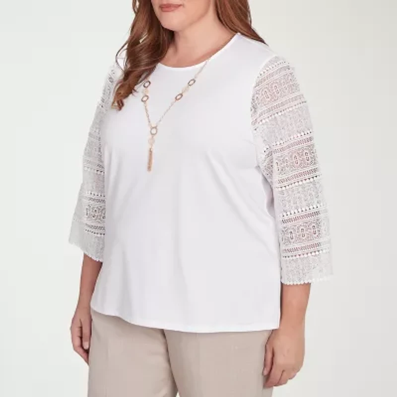 Alfred Dunner Kensington Garden Womens Crew Neck 3/4 Sleeve Plus T-Shirt