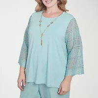 Alfred Dunner Kensington Garden Womens Crew Neck 3/4 Sleeve Plus T-Shirt