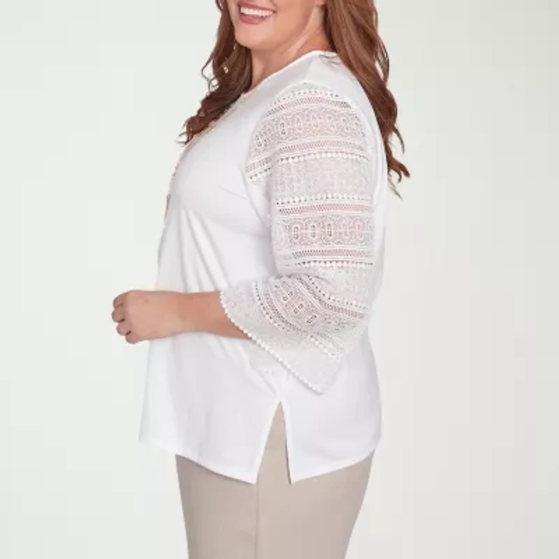 Alfred Dunner Kensington Garden Womens Crew Neck 3/4 Sleeve Plus T-Shirt