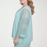 Alfred Dunner Kensington Garden Womens Crew Neck 3/4 Sleeve Plus T-Shirt