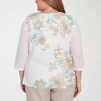 Alfred Dunner Kensington Garden Womens Split Crew Neck 3/4 Sleeve Plus T-Shirt