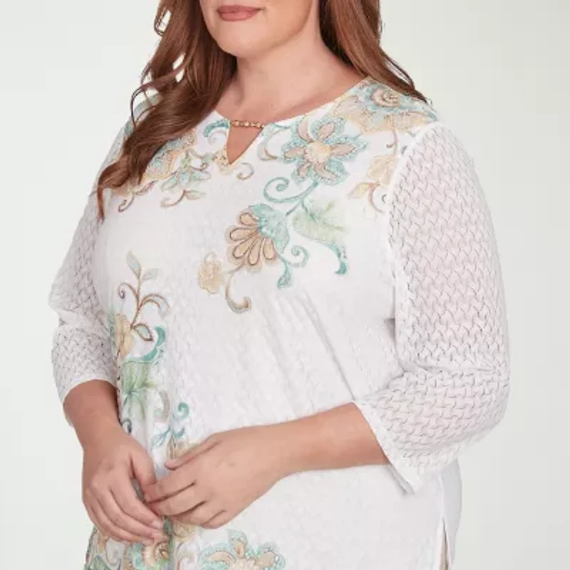 Alfred Dunner Kensington Garden Womens Split Crew Neck 3/4 Sleeve Plus T-Shirt
