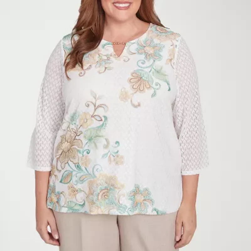 Alfred Dunner Kensington Garden Womens Split Crew Neck 3/4 Sleeve Plus T-Shirt