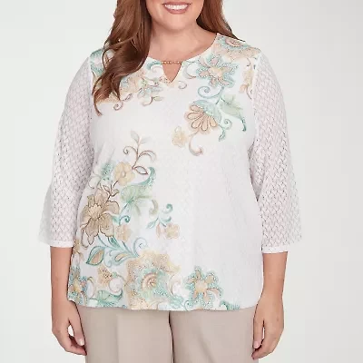 Alfred Dunner Kensington Garden Womens Split Crew Neck 3/4 Sleeve Plus T-Shirt