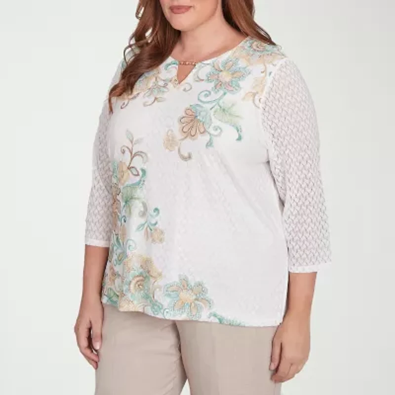 Alfred Dunner Kensington Garden Womens Split Crew Neck 3/4 Sleeve Plus T-Shirt