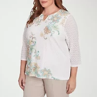 Alfred Dunner Kensington Garden Womens Split Crew Neck 3/4 Sleeve Plus T-Shirt