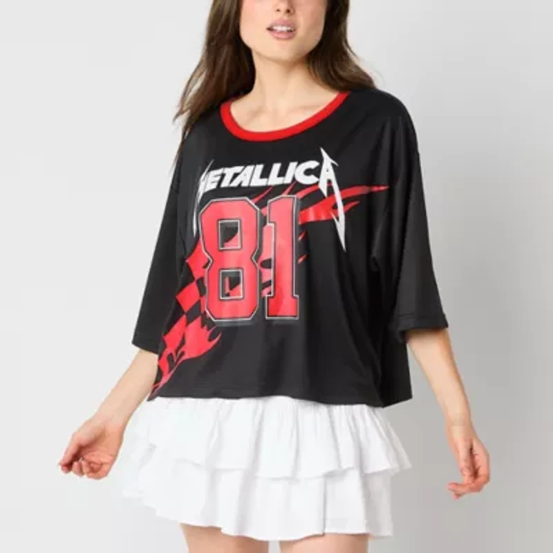 New World Metallica Cropped Mesh Jersey Womens Crew Neck Short Sleeve Loose Fit Juniors Graphic T-Shirt