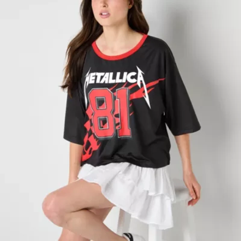 New World Metallica Cropped Mesh Jersey Womens Crew Neck Short Sleeve Loose Fit Juniors Graphic T-Shirt