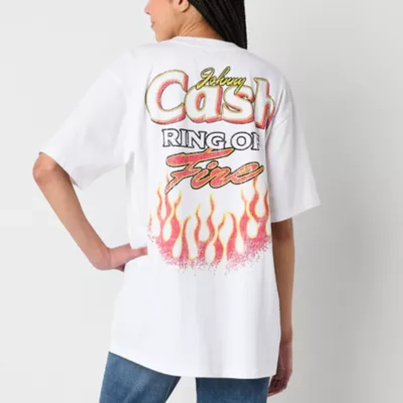 New World Johnny Cash Ring Of Fire Oversized Tee Womens Crew Neck Short Sleeve Loose Fit Juniors Graphic T-Shirt