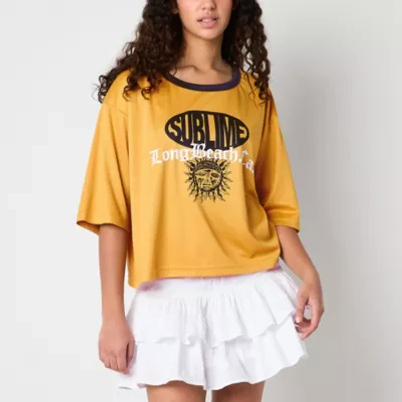 New World Sublime Cropped Mesh Jersey Womens Crew Neck Elbow Sleeve Oversized Juniors Graphic T-Shirt