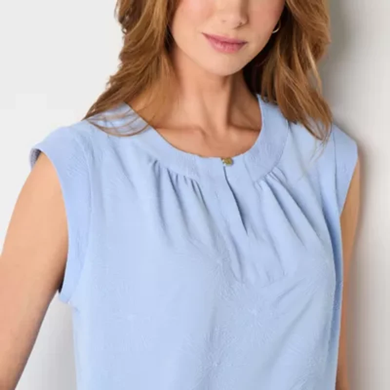 Liz Claiborne Jacquard Womens Split Crew Neck Sleeveless Blouse