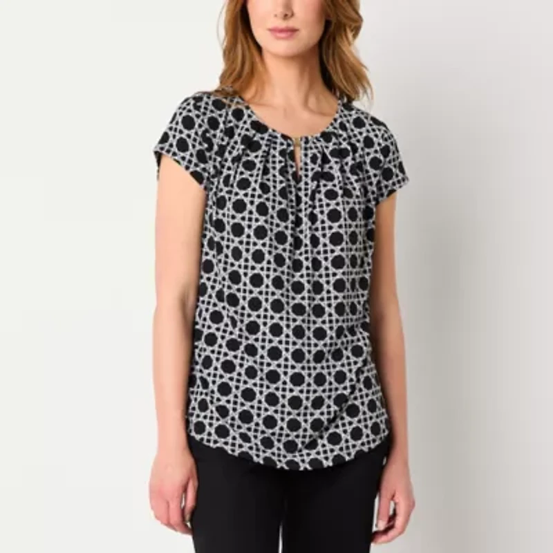 Liz Claiborne Womens Keyhole Neck Short Sleeve Blouse