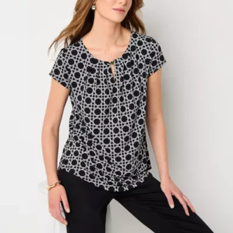 Liz Claiborne Womens Keyhole Neck Short Sleeve Blouse