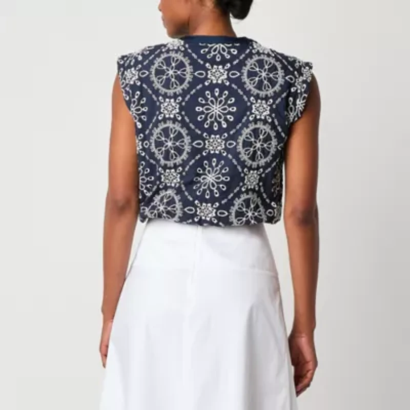 Worthington Womens Split Crew Neck Sleeveless Blouse