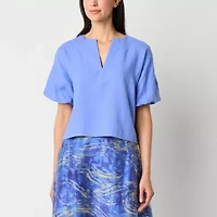 Worthington Womens Split Crew Neck Short Sleeve Blouse