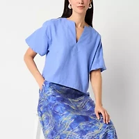Worthington Womens Split Crew Neck Short Sleeve Blouse