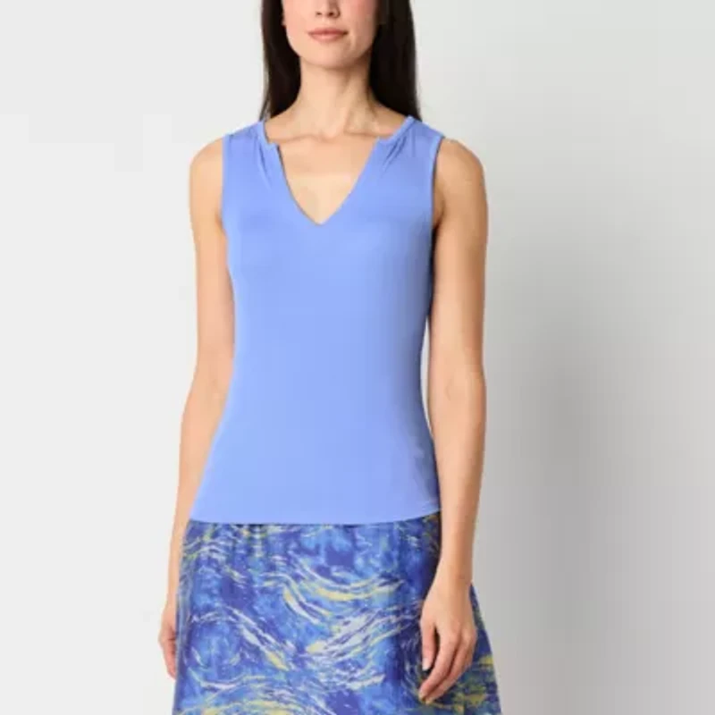 Worthington Womens Split Crew Neck Sleeveless Tank Top