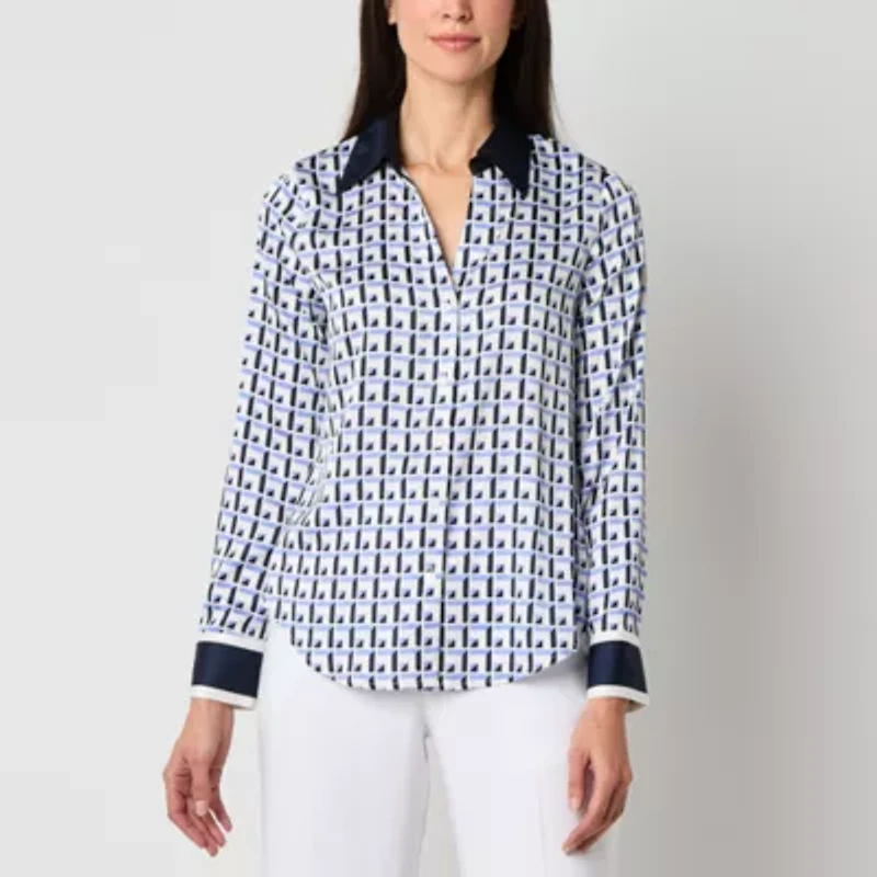 Worthington Womens Cuffed Long Sleeve Fitted Button-Down Shirt