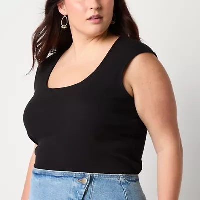 a.n.a Ribbed Womens Plus U Neck Short Sleeve T-Shirt