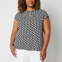 Liz Claiborne Womens Plus Keyhole Neck Short Sleeve Blouse