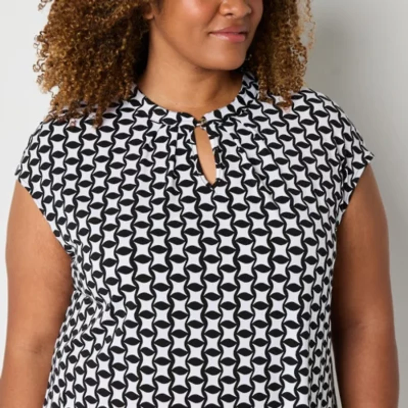 Liz Claiborne Womens Plus Keyhole Neck Short Sleeve Blouse
