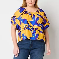 Liz Claiborne Womens Round Neck Elbow Sleeve Plus Blouse