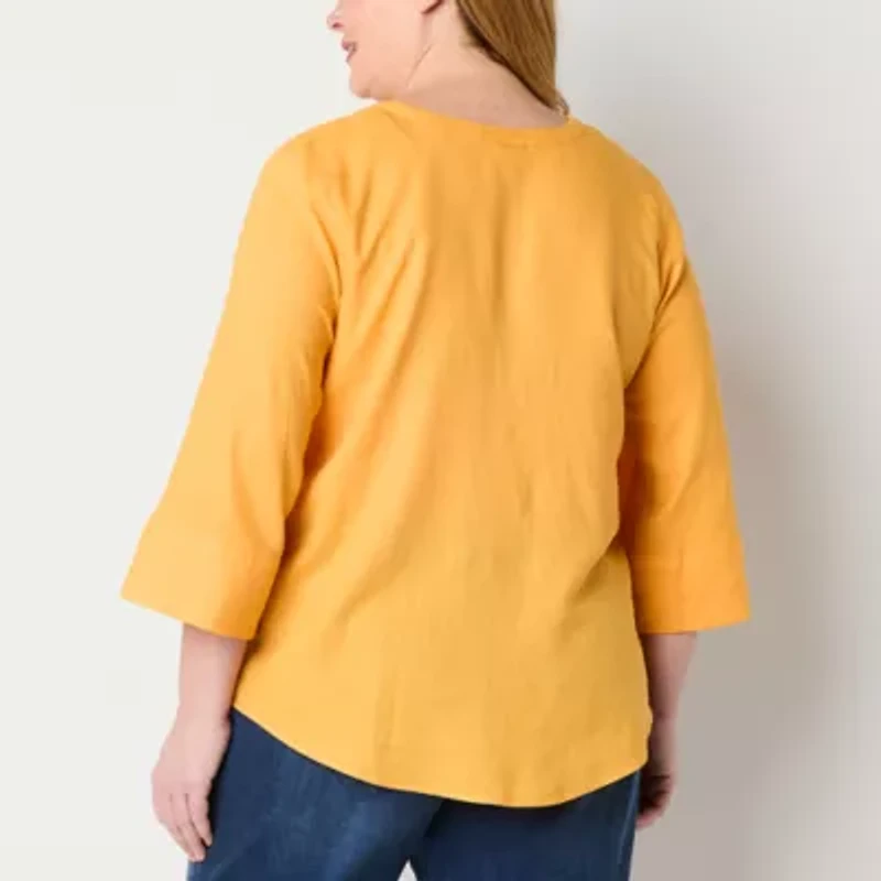 Liz Claiborne Womens Split Crew Neck 3/4 Sleeve Plus Blouse