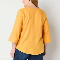Liz Claiborne Womens Split Crew Neck 3/4 Sleeve Plus Blouse