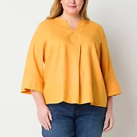 Liz Claiborne Womens Split Crew Neck 3/4 Sleeve Plus Blouse