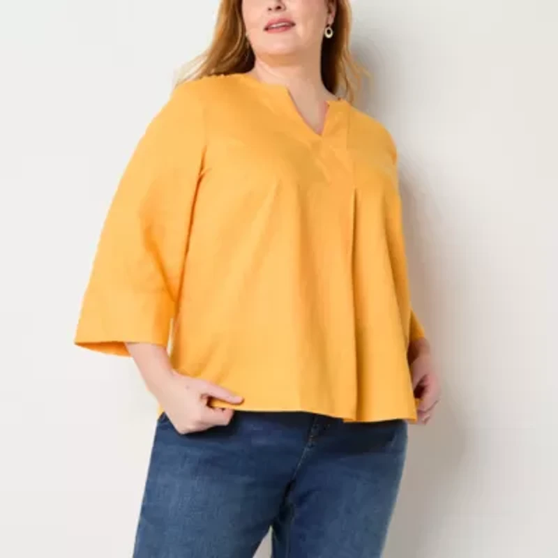 Liz Claiborne Womens Split Crew Neck 3/4 Sleeve Plus Blouse