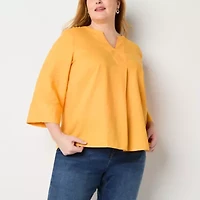 Liz Claiborne Womens Split Crew Neck 3/4 Sleeve Plus Blouse