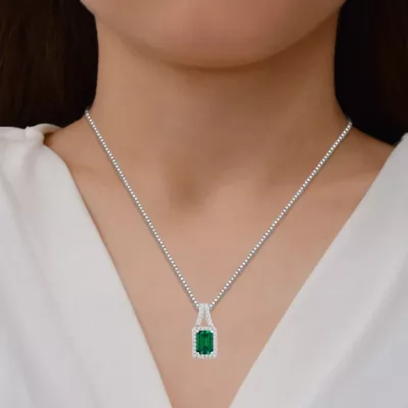 Womens Lab Created Green Emerald Sterling Silver 18 Inch Pendant Necklace
