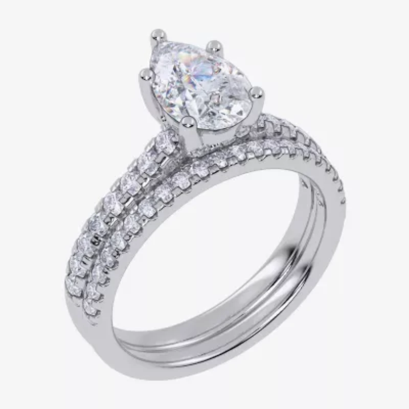 G / Vs2-Si1) Womens 2 1/2 CT. T.W. Lab Grown White Diamond 10K Gold Pear Side Stone Bridal Set