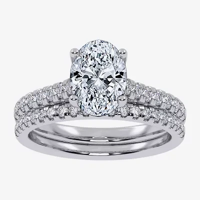(G / Vs2-Si1) Womens 3 1/2 CT. T.W Lab Grown White Diamond 10K Gold Oval Side Stone Bridal Set