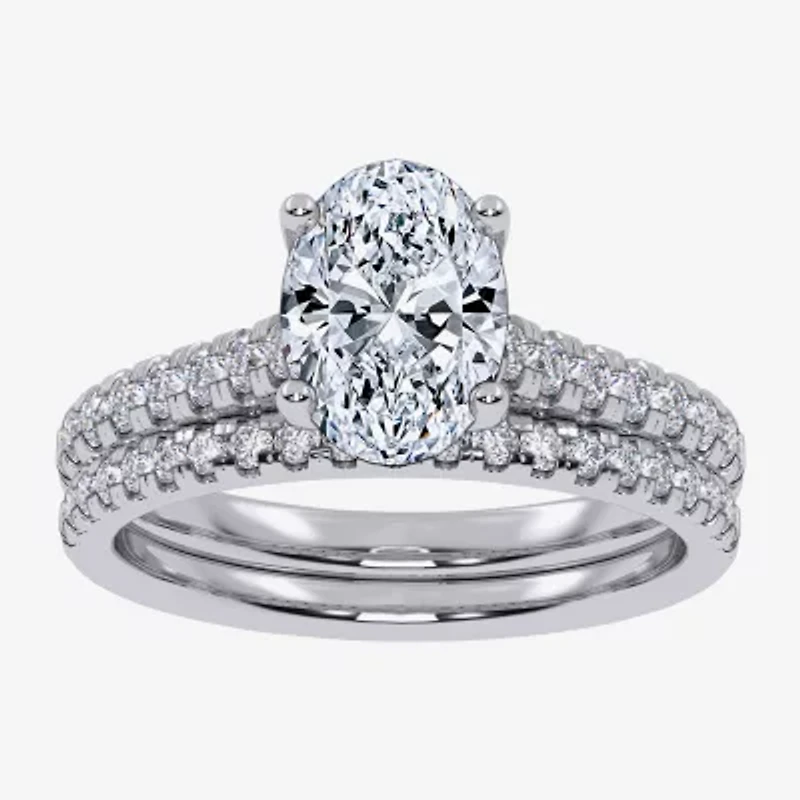 (G / Vs2-Si1) Womens 2 1/2 CT. T.W. Lab Grown White Diamond 10K Gold Oval Side Stone Bridal Set