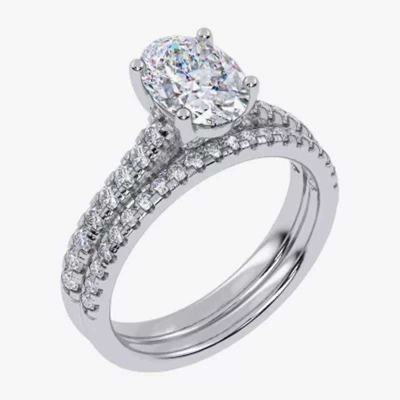 (G / Vs2-Si1) Womens 2 1/2 CT. T.W. Lab Grown White Diamond 10K Gold Oval Side Stone Bridal Set