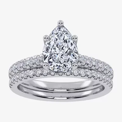 (G / Vs2-Si1) Womens 3 1/2 CT. T.W Lab Grown White Diamond 10K Gold Pear Side Stone Bridal Set