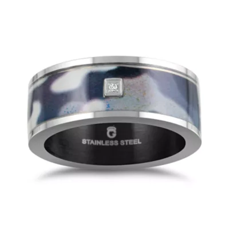 Mens 9M Diamond Accent Natural White Stainless Steel Wedding Band