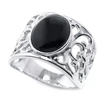 Womens 15MM Genuine Black Onyx Sterling Silver Band