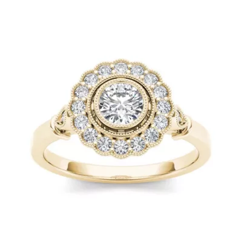 1/2 CT.T.W. Natural Diamond Flower Halo 10K Yellow Gold Engagement Ring