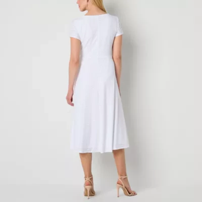 Perceptions Womens Short Sleeve Eyelet Midi Fit + Flare Dress