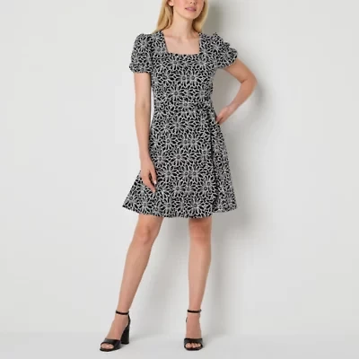 Ronni Nicole Womens Short Sleeve Floral Fit + Flare Dress