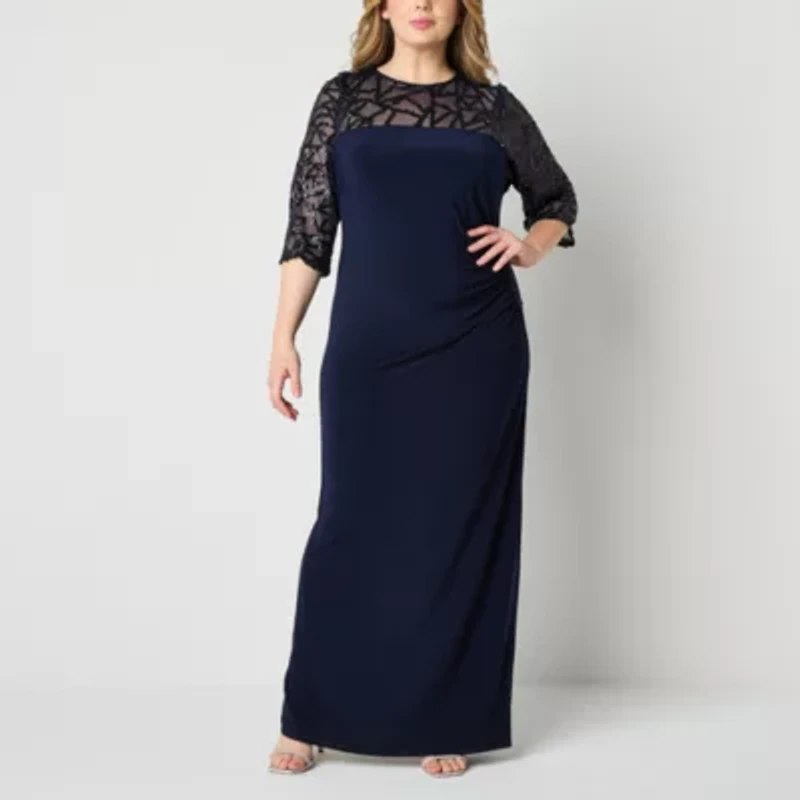 Brianna Milay Womens 3/4 Sleeve Beaded Fitted Gown Plus