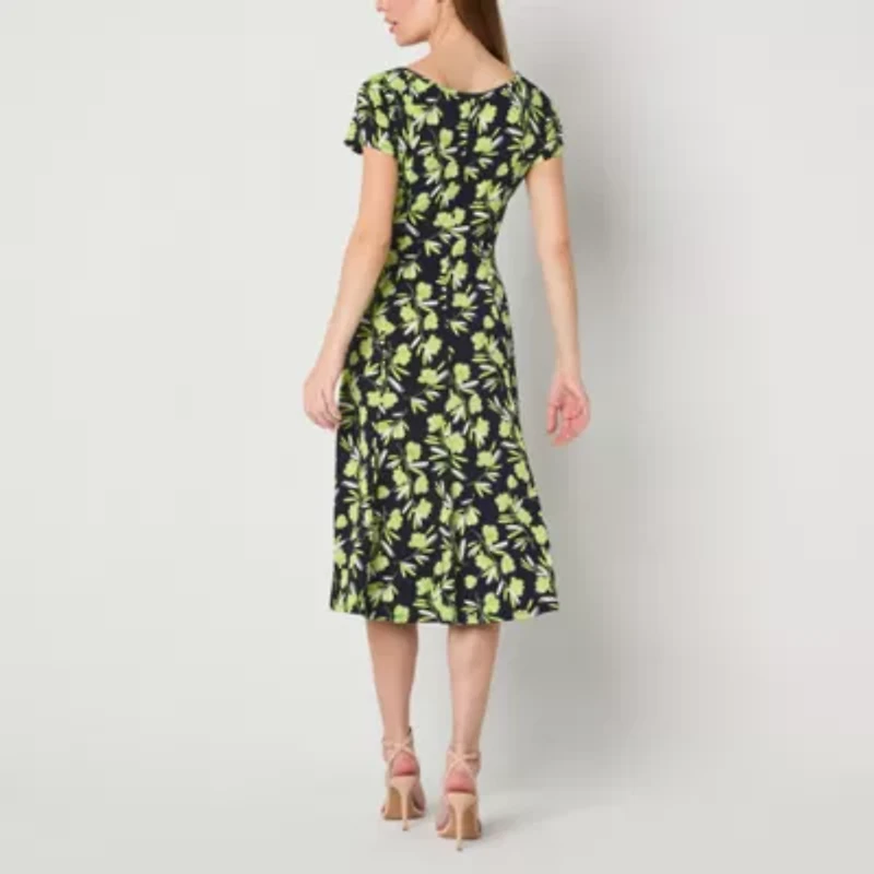 Perceptions Womens Short Sleeve Floral Midi Petite Fit + Flare Dress