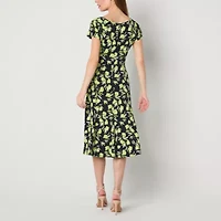 Perceptions Womens Short Sleeve Floral Midi Petite Fit + Flare Dress