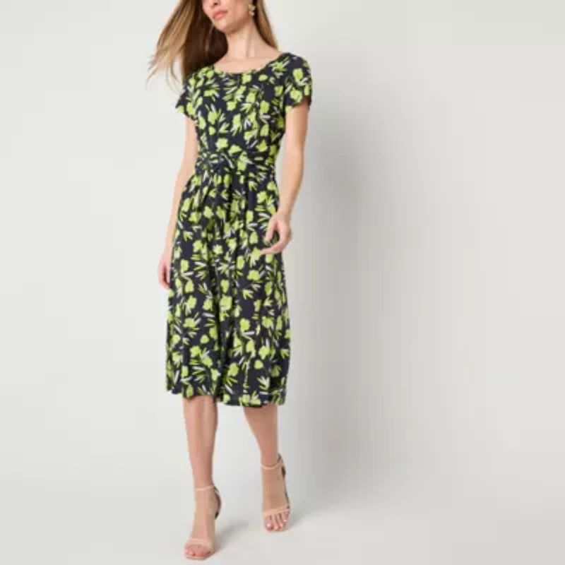 Perceptions Womens Short Sleeve Floral Midi Petite Fit + Flare Dress